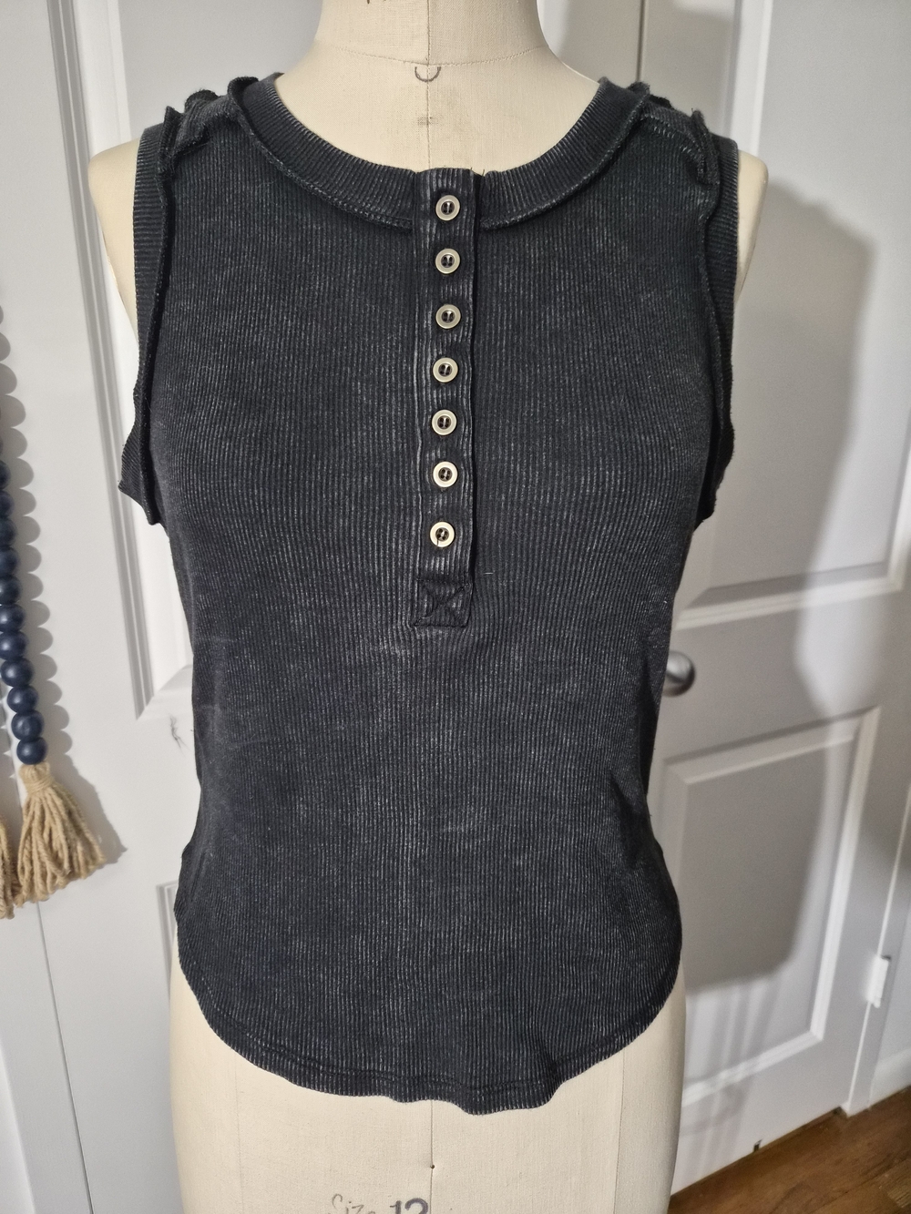 Washed Black Ribbed Button Henley Tank Top